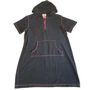 Quacker Factory Y2K Black Terrycloth Half Zip Hooded Swim Coverup Mini Dress Lg